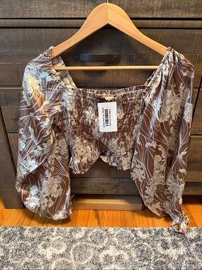 Floral Off-Shoulder Smocked Crop Top in Brown and Cream